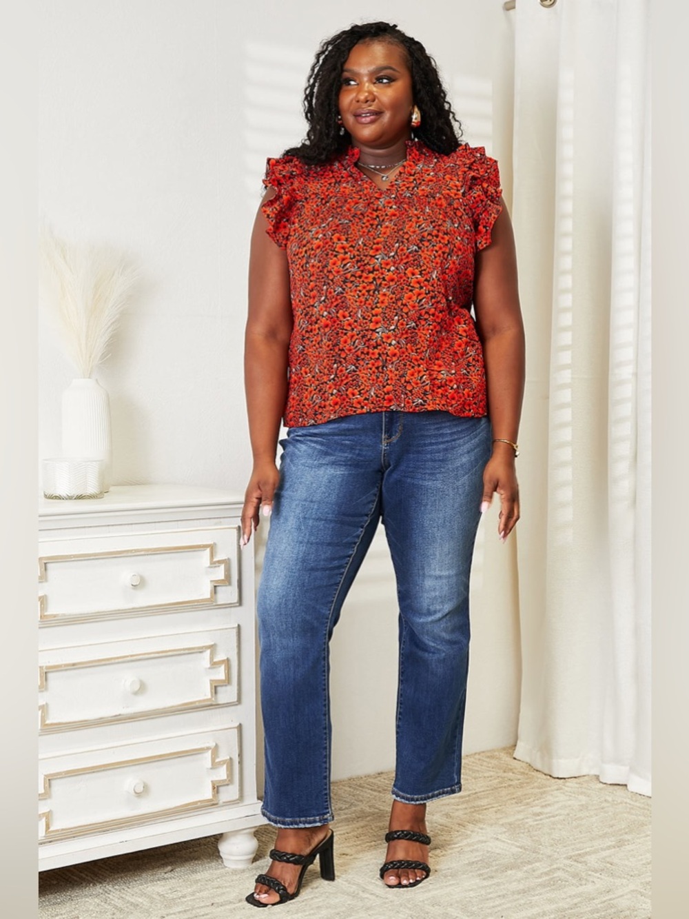 Double Take Floral Flutter Sleeve Notched Neck Blouse - Picture 10 of 12